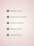 Clean beauty skincare standards highlighting 98% natural ingredients, endocrine disruptor free formula, cruelty-free, recyclable packaging and ethical production.