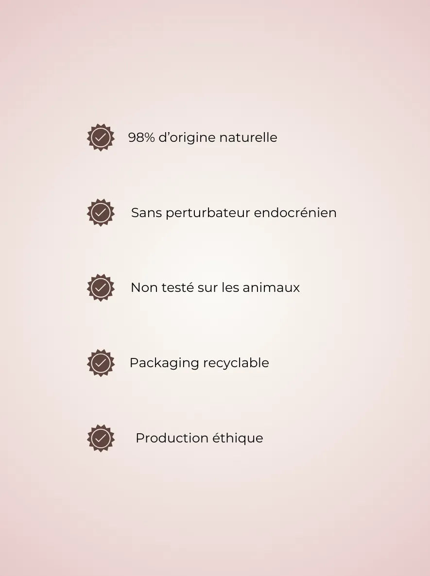 Clean beauty skincare standards highlighting 98% natural ingredients, endocrine disruptor free formula, cruelty-free, recyclable packaging and ethical production.