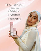 Woman holding Zēya Ritual Rose Glow Set featuring rose toner and elixir for exfoliation, hydration and radiant glowing skin.