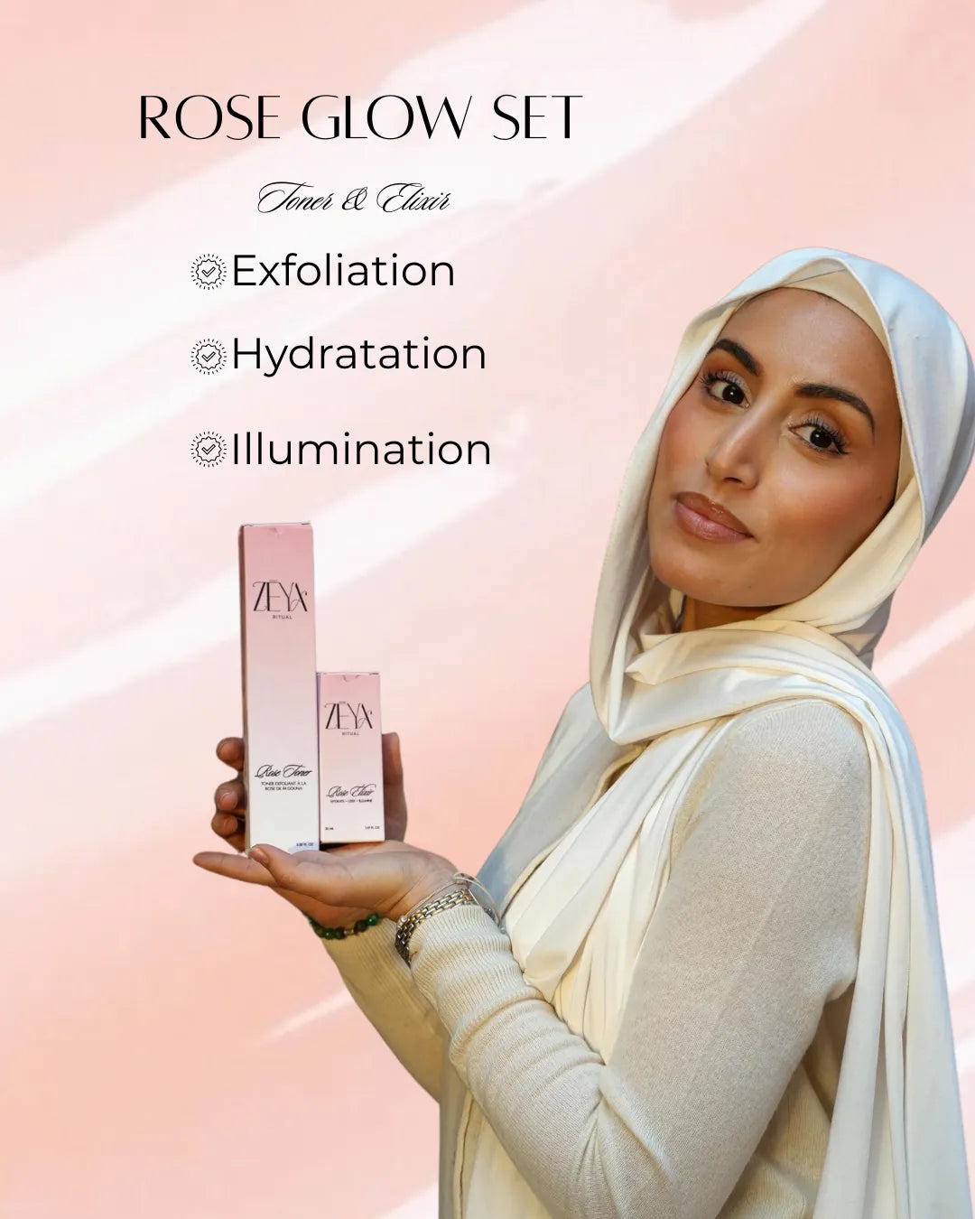 Woman holding Zēya Ritual Rose Glow Set featuring rose toner and elixir for exfoliation, hydration and radiant glowing skin.