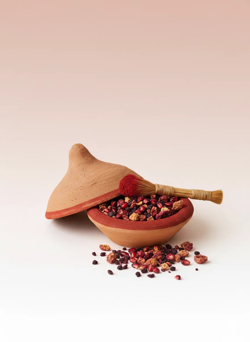 Aker Fassi natural Moroccan lip and cheek tint made with poppy petals and pomegranate peel in traditional terracotta vessel.