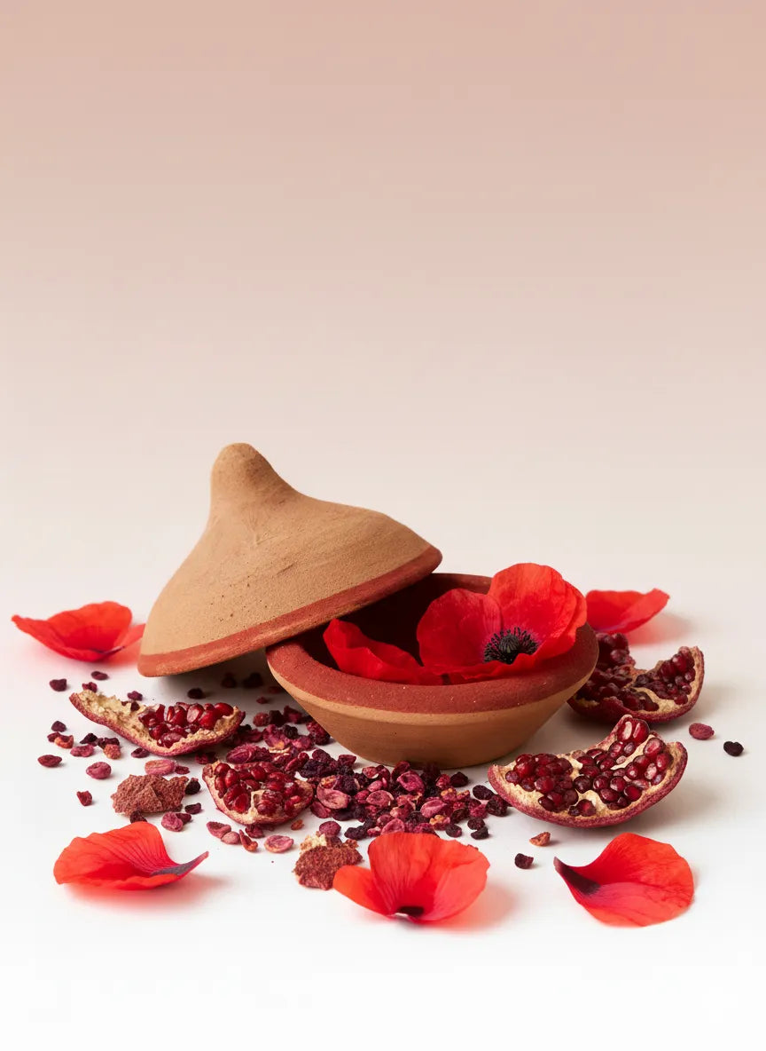 Aker Fassi Moroccan lip and cheek tint made from poppy petals and pomegranate peel showcasing natural red pigment and ancestral beauty ingredients.