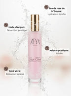 Hydrating AHA rose toner with Moroccan rose water, argan oil, aloe vera and glycolic acid for exfoliation, pore refining and glowing skin.
