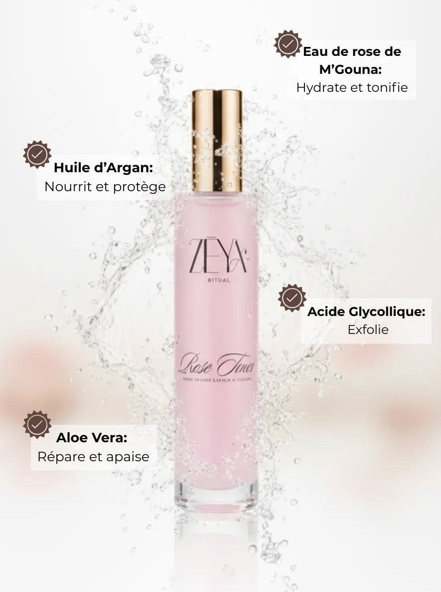 Hydrating AHA rose toner with Moroccan rose water, argan oil, aloe vera and glycolic acid for exfoliation, pore refining and glowing skin.