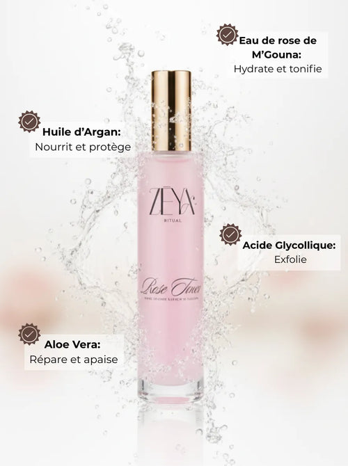 Hydrating AHA rose toner with Moroccan rose water, argan oil, aloe vera and glycolic acid for exfoliation, pore refining and glowing skin.