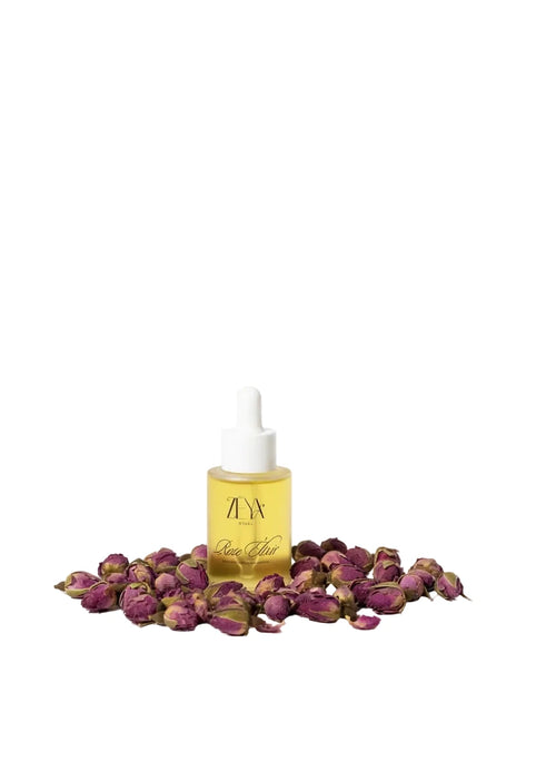 Zēya Ritual rose elixir face oil with Moroccan rosebuds for hydration, glow, nourishment and skin barrier support.