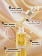 Rose face oil with argan oil, sweet almond oil, carrot oil and vitamin E for hydration, nourishment, antioxidant protection and glowing skin.