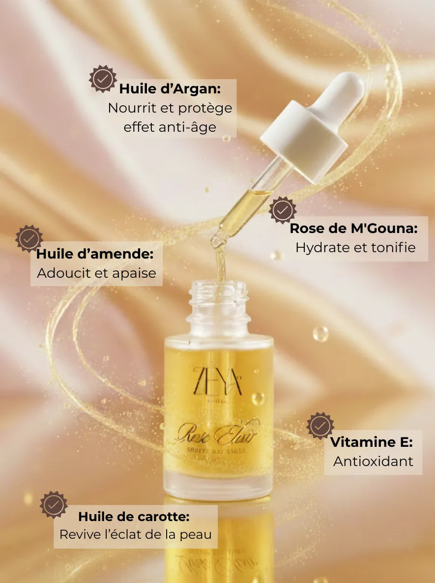 Rose face oil with argan oil, sweet almond oil, carrot oil and vitamin E for hydration, nourishment, antioxidant protection and glowing skin.